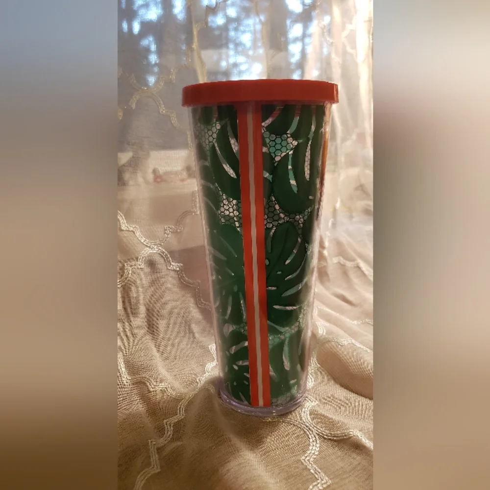 Starbucks Venti Green Leaf Cold Tumbler with Red Lid (No Straw)